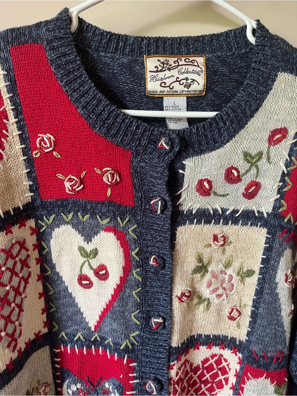 Heirloom Collectibles Vintage Teacher Cherry Heart Cardigan Sweater 90s Y2K L - Picture 2 of 6
